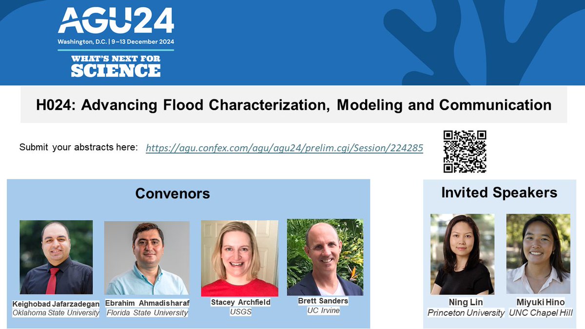 Ebrahim Ahmadisharaf (@ahmadisharaf) on Twitter photo Submit your abstracts to our <a href="/theAGU/">AGU (American Geophysical Union)</a> #agu24
session that covers a broad range of topics on flooding. Convened by <a href="/Kjafarza/">K.J. Jafarzadegan</a>, <a href="/UCIFloodLab/">Brett Sanders</a> & Stacey Archfield.
Invited speakers: Ning Lin & <a href="/_miyukihino/">Dr. Miyuki Hino</a>
agu.confex.com/agu/agu24/prel… Submit your abstracts to our <a href="/theAGU/">AGU (American Geophysical Union)</a> #agu24
session that covers a broad range of topics on flooding. Convened by <a href="/Kjafarza/">K.J. Jafarzadegan</a>, <a href="/UCIFloodLab/">Brett Sanders</a> & Stacey Archfield.
Invited speakers: Ning Lin & <a href="/_miyukihino/">Dr. Miyuki Hino</a>
agu.confex.com/agu/agu24/prel…