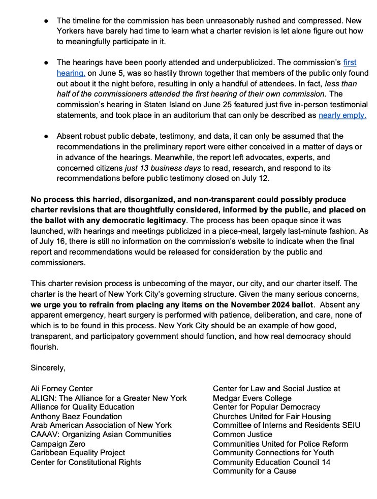 changethenypd's tweet photo. 70+ organizations have signed a joint letter calling on the Charter Commission to abandon @NYCMayor’s last-minute, anti-democratic attempts to change NYC Charter. Say no to putting charter changes on the November ballot. NYers deserve better. https://t.co/wm9IJzJfZj