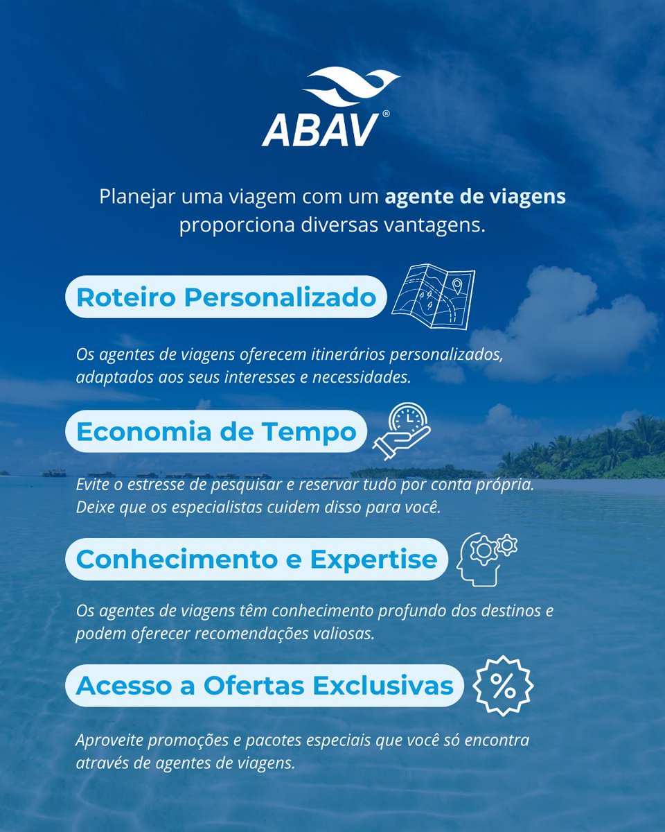 Julho é o mês perfeito para tirar aquelas férias tão merecidas! Ainda dá tempo de planejar uma viagem incrível. Entre em contato com seu agente de viagens ABAV hoje mesmo! Viaje tranquilo e descubra destinos maravilhosos esperando por você.