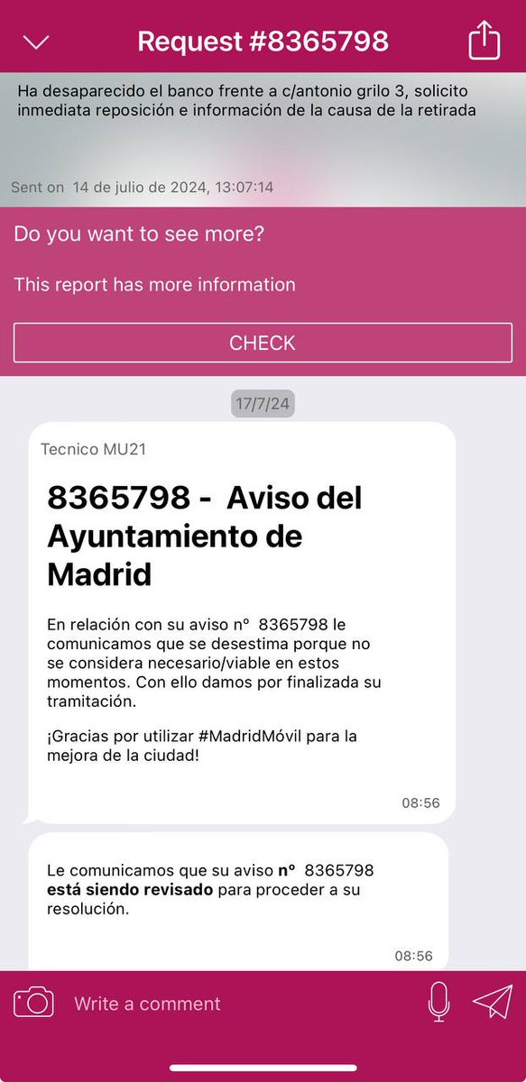 Mirad esta triste historia:
- dic 2023: ponen 3 bancos en la sesuda reforma de c/ Antonio Grilo
- semana pasada: desaparecen 2 bancos
- 16 jul 2024: pido en 2 avisos <a href="/Lineamadrid/">Línea Madrid</a>  q los remplacen
- 17 jul 08:56: q van a evaluar el aviso 1
- 17 jul 08:56: q NO es necesario NI