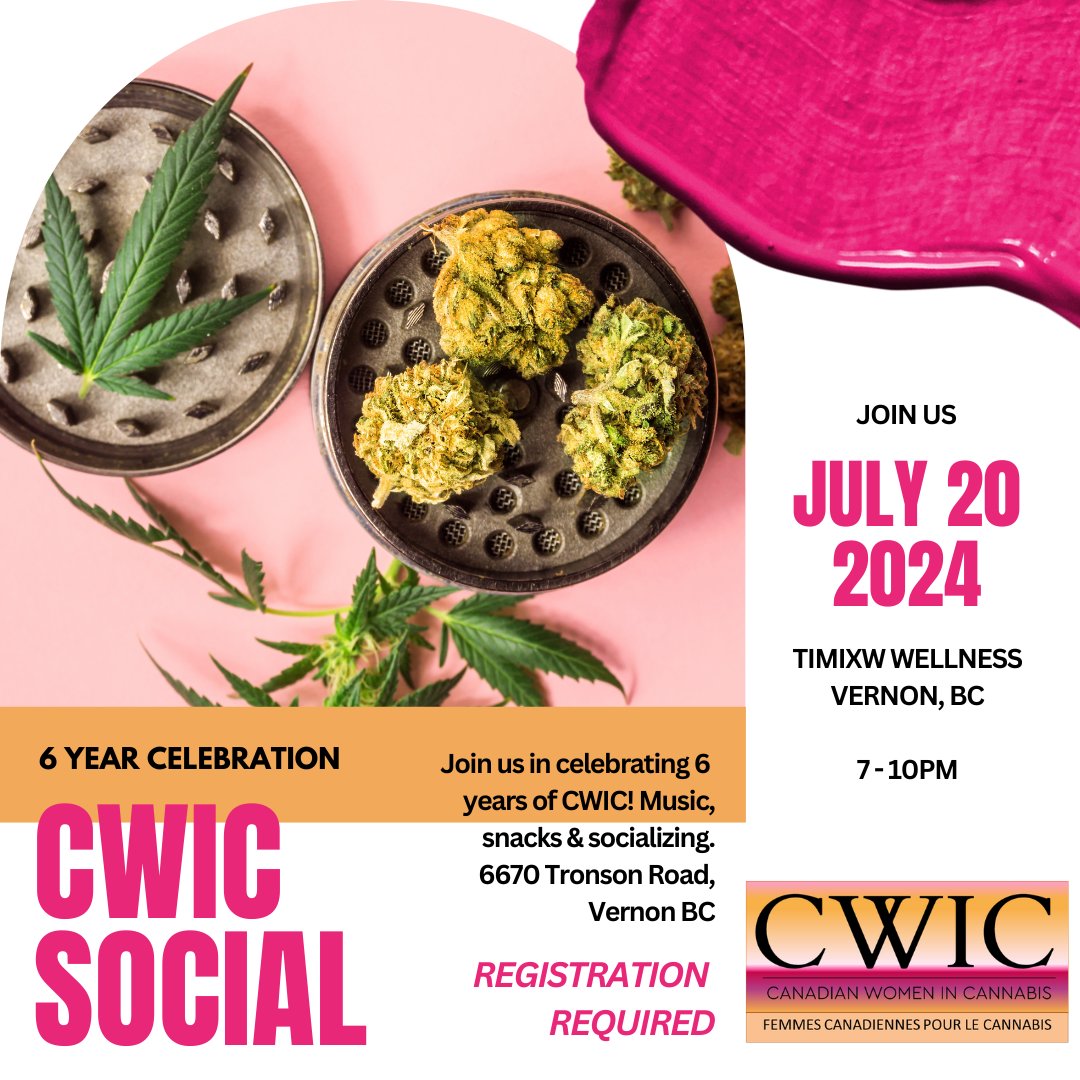 CWICsters's tweet photo. We invite you to celebrate CWIC’s 6th anniversary with us, this Saturday, July 20th in Vernon, BC!

Date: Saturday, July 20
Time: 7-10pm
Location: Timixw Wellness (6670 Tronson Road), Vernon BC

Seating is limited: https://t.co/g9BZMMb0pP
#women #cannabis #vernonbc #vernon https://t.co/8hTRjJLRk6