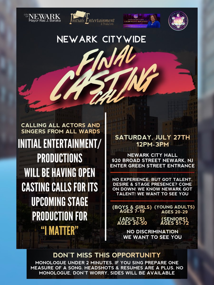 CityofNewarkNJ's tweet photo. Don't miss out on your chance to be part of something special! Final Casting Call for "I Matter" happening this Saturday in Newark City Hall. 🎬✨ #IMatter #CastingCall #Newark #Prouction https://t.co/h9VgLdZutE
