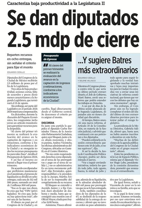Juan_OrtizMX's tweet photo. 🗳️📌DIPUTADOS DE LA CDMX SE APROBARON BONO DE DESPEDIDA DE 2.5 MILLONES: REFORMA

Cada uno de los 66 diputados del Congreso de la Ciudad de México recibirá una compensación económica de $2.5 millones al finalizar su periodo legislativo 2021-2024, reporte Reforma. 

La compensación total de $2.5 millones se entregará en ocho pagos de $312,500 a cada diputado, concluyendo sus funciones el 31 de agosto de 2024.

La Junta de Coordinación Política del Congreso, presidida por la diputada Martha Ávila Ventura, aprobó esta compensación, argumentando que es una previsión del término del periodo legislativo.

Aunque el Presupuesto de Egresos de la Ciudad de México 2024 no especificaba esta compensación, justifican que el artículo transitorio décimo cuarto permite la asignación del bono, sujeto a la captación de ingresos del gobierno de la CDMX.