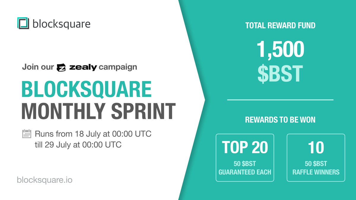 blocksquare_io's tweet photo. Be in with a chance of winning a share of 1,500 $BST in our latest #ZealySprint!

🗓️ 18 July 00:00 UTC ➡️ 29 July 00:00 UTC

🏆 Sprint top 20 get 50 $BST each
🏆 10x50 $BST sprint raffle winners

Be ready to start questing and join our #zealy community ahead of time 👇🏻

🔗 https://t.co/6G4dRkD3rU

Daily and featured content quests qualify for the sprint, but we'd love you to help us out by completing the other quests too!

Happy questing everyone!

#RWA #giveaway #community