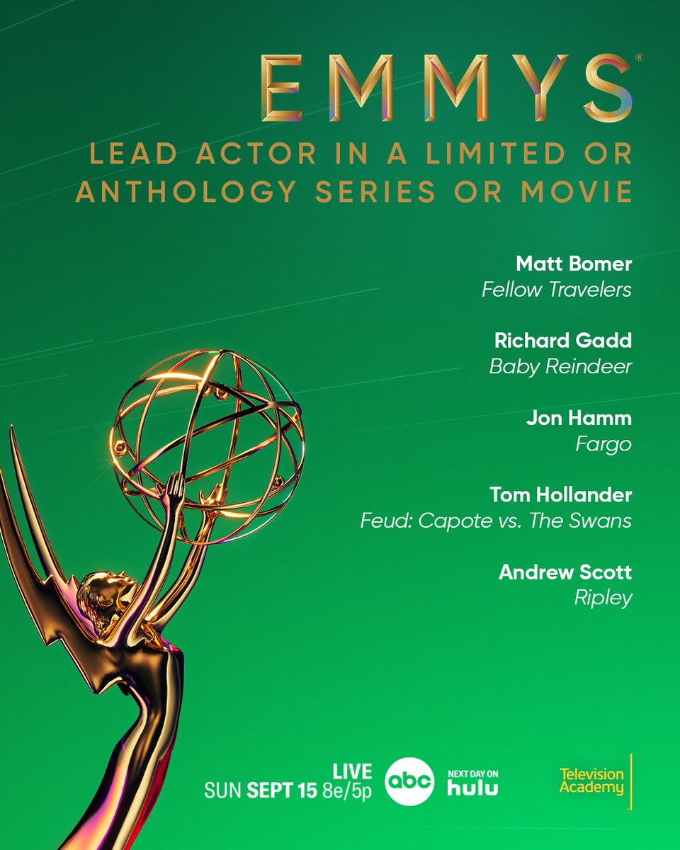 TelevisionAcad's tweet photo. Congratulations to the 76th #Emmy Award nominees for Outstanding Lead Actor in a Limited or Anthology Series or Movie:

@mattbomer
@mrrichardgadd
Jon Hamm
Tom Hollander
Andrew Scott

#Emmys #EmmyNoms #TelevisionAcademy https://t.co/RjPVvliwk6