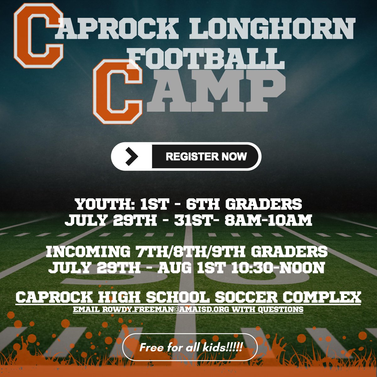 CRockHorns's tweet image. WEEK and HALF EVERYONE! Caprock Football Camps will start. To register, click on the link: docs.google.com/forms/d/e/1FAI… or scan the QR code. Can't wait to see yall there! #CROCK
