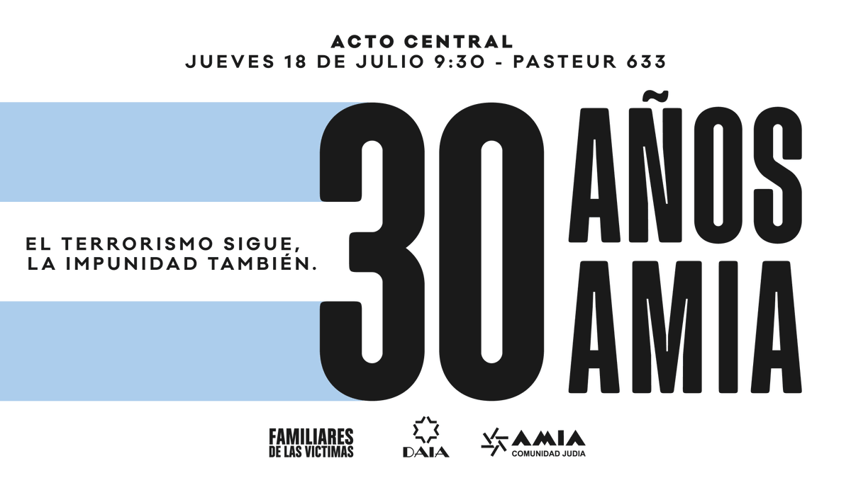 Mañana, a las 9:30, en Pasteur 633, tenemos una cita ineludible para renovar el reclamo de justicia, y acompañar a los familiares de las víctimas fatales, para que sepan que no están solos en la denuncia de la impunidad vigente en la causa. #AMIA30años