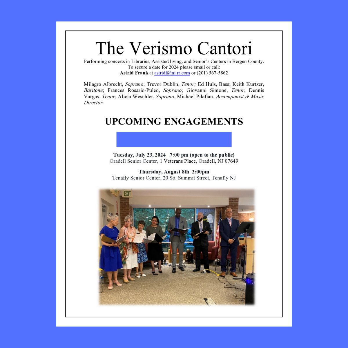 LuhrsAssocPress's tweet photo. ๐Summer fun with opera! See The Verismo #Opera Cantori perform at the Oradell Senior Center on July 23.
7 p.m. | 1 Veterans Place in #Oradell, NJ 07649 | #Free | Open to the public
@NJArtsCouncil @NewJerseyStage @Americans4Arts
#JerseyArts #arts #singer #verismoopera https://t.co/nKApAyibsu