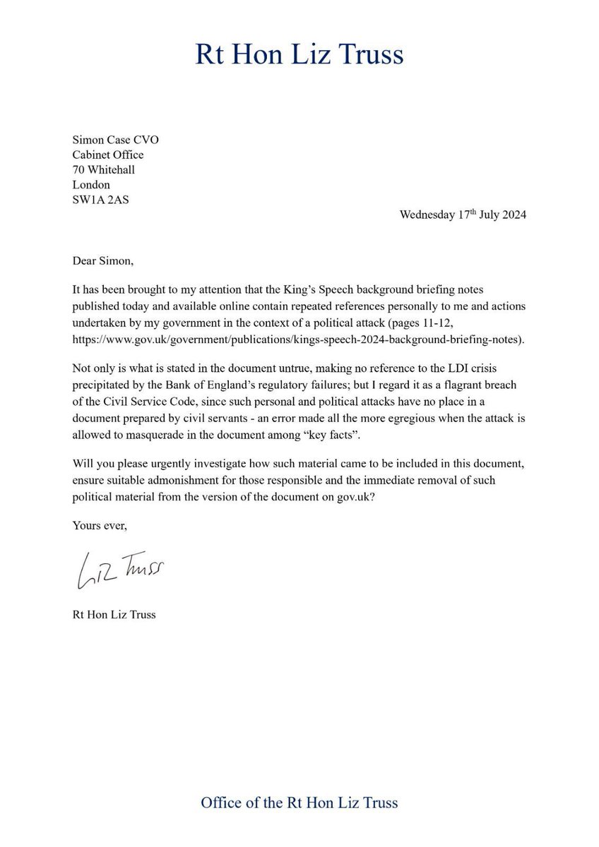 Below is Liz Truss’s letter to the cabinet secretary, which complains that the civil service has traduced her in an unconstitutional way. She told me recently she wants the civil service to become more explicitly party political at its apex.  Her gripe appears to be about an