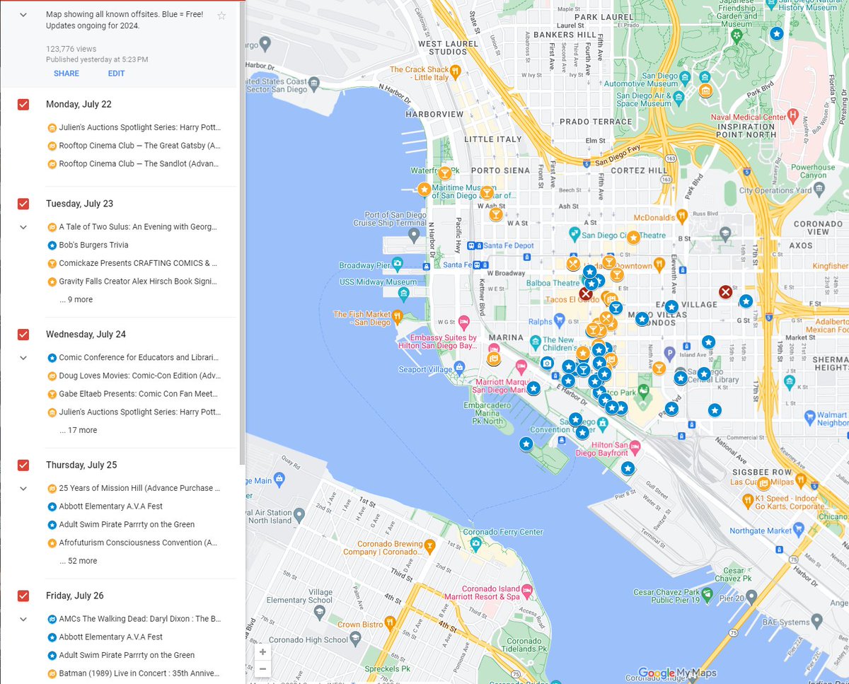 SDCCMapper's tweet image. The map has grown to over 160 things to do! Now updating on the daily!

bit.ly/SDCC2024Map or

google.com/maps/d/viewer?…

Having issues on your mobile device? See the pinned post on my profile for help. #SDCC2024 #SDCC @OutsideComicCon @ParksAndCons