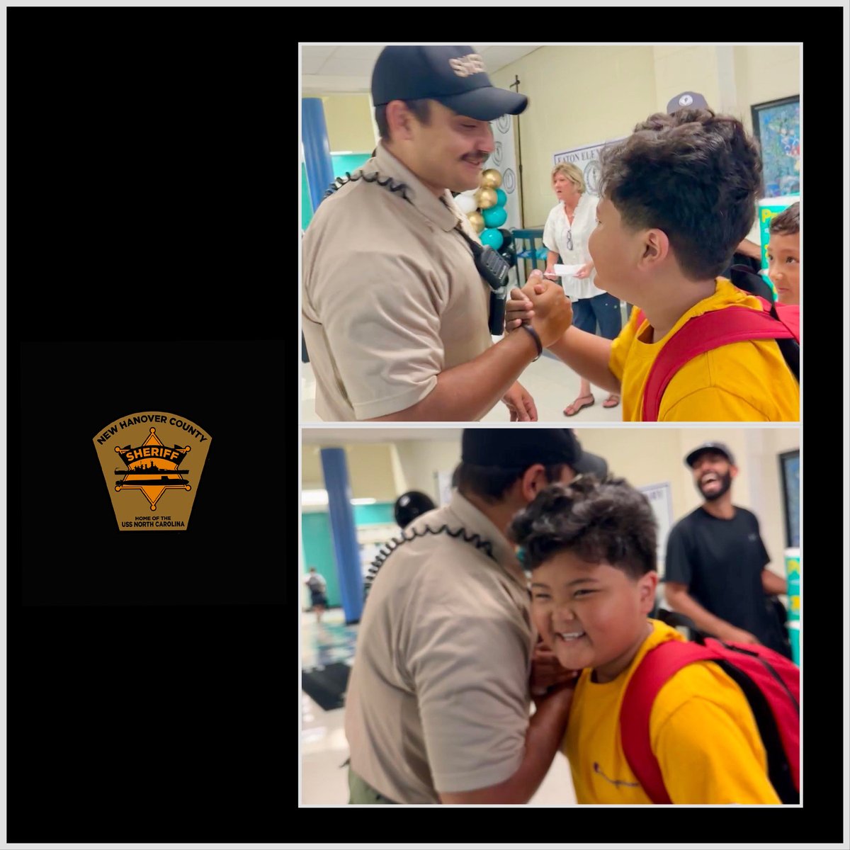 NewHanoverSO's tweet photo. Back to school at Eaton Elementary! A 
parent shared these heartwarming photos of Deputy Whitfield with a student this morning. She said, ‘Back to school at Eaton! Love our SRO!’ 💙  #NHSOSRO https://t.co/kC6BytDxbQ