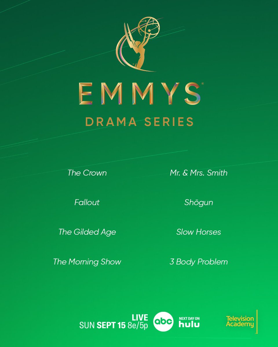 TelevisionAcad's tweet photo. Congratulations to the 76th #Emmy Award nominees for Outstanding Drama Series:
@thecrownnetflix
@fallout
The Gilded Age
@themorningshow
@smithsonprime
Shลgun
Slow Horses
@3body Problem
#Emmys #EmmyNoms #TelevisionAcademy https://t.co/uo5rlWlj0v