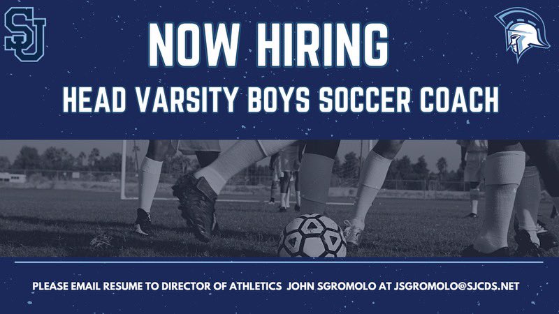 John Sgromolo, CAA (@coachsgromolo) on Twitter photo 🚨 Now Hiring🚨
<a href="/sjcds/">St Johns Country Day School</a> is looking for the next leader of the Spartan Varsity Boys Soccer Program! Please email your resume to jsgromolo@sjcds.net to apply!
#SpartanUp 🚨 Now Hiring🚨
<a href="/sjcds/">St Johns Country Day School</a> is looking for the next leader of the Spartan Varsity Boys Soccer Program! Please email your resume to jsgromolo@sjcds.net to apply!
#SpartanUp