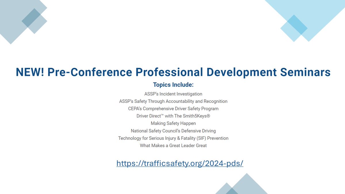 How can you advance your fleet safety program? By expanding your knowledge and learning from experts!
Join us Oct 8-11 in Atlanta for pre-conference PROFESSIONAL DEVELOPMENT SEMINARS! Register today and choose your sessions. tinyurl.com/y7s2hps5