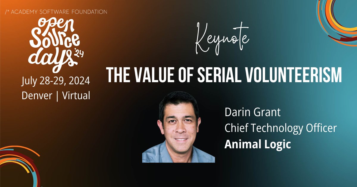AcademySwf's tweet photo. Less than two weeks until the main program for #OpenSourceDays! We are very excited to have Darin Grant, CTO at @animallogic as our keynote speaker. Join us in Denver or virtually by registering at https://t.co/E49tE7n6Gd!
#ASWF #opensource #SIGGRAPH #vfx #animation https://t.co/bqBXHjOpxr
