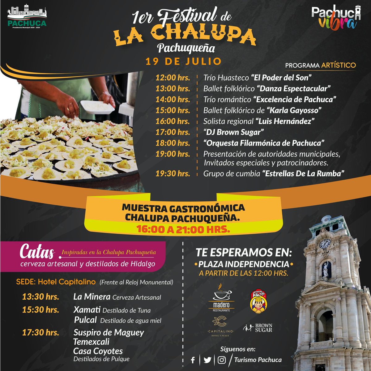 Te invitamos al 1er festival✅ de la #ChalupaPachuqueña, una verdadera fiesta🎊 gastronómica del platillo🍽️️ que representa a nuestra ciudad 🏙️ capital! 

La entrada es gratuita y tendremos diferentes actividades con Música 🎶, Baile 💃 y sobre todo Sabor!

#ChalupaPachuqueña