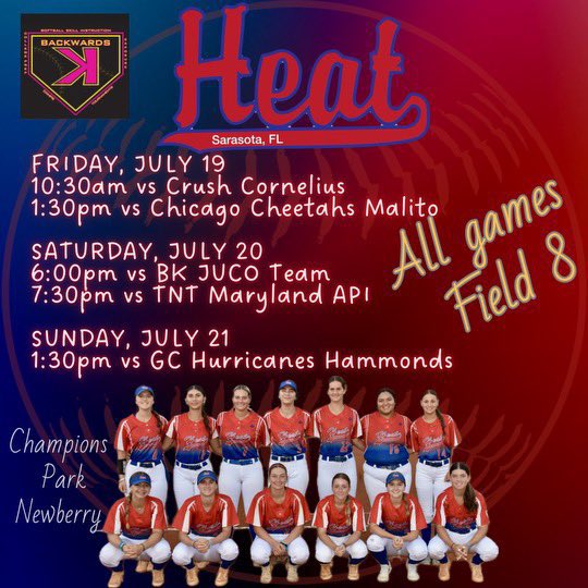 This summer is already coming to an end. Come watch us play, will be in Newberry, Florida for the Backwards K Showcase! I will also be in the camp on Thursday which starts at 3. See you all there!
<a href="/SarasotaHeat18U/">Sarasota Heat Dover</a> <a href="/FAMU_Softball/">Florida A&M Softball 🥎</a> <a href="/RollinsSoftball/">Rollins College Softball</a> <a href="/UCF_Softball/">UCF Softball</a> <a href="/USFSoftball/">USF Softball</a>