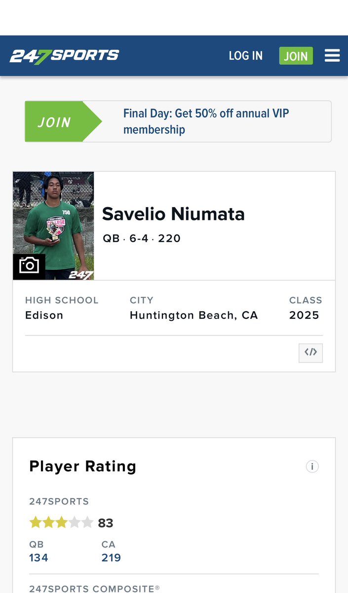 Save_Niumata's tweet photo. Blessed to be ranked a 3⭐️ Quarterback on @247Sports ! 
@GregBiggins @BrandonHuffman @TheMatt_V @EdisonChargerFB @ocvarsityguy @OCFOOTBALL100 @KaesbauerSonny @DUiagalelei https://t.co/GPNNE0thkJ