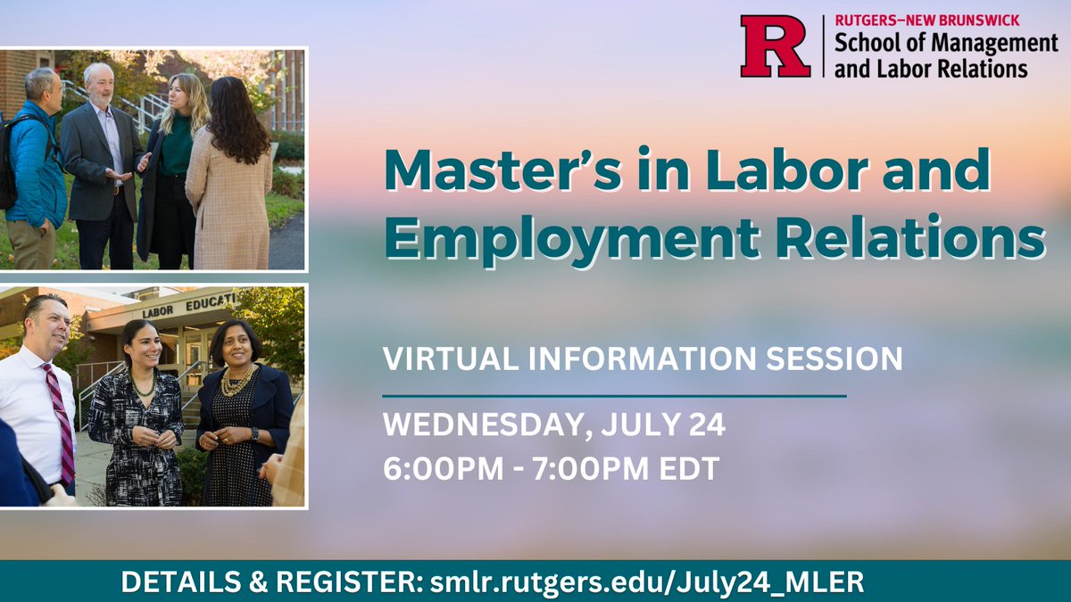 RU_SMLR's tweet photo. ☀Stop by our Virtual Info Session on 7/24 to learn about exciting opportunities available through #Rutgers #MLER program! Explore topics including diversity & inclusion, workplace laws, globalization & conflict resolution. 100% online option available!
https://t.co/z8egqaiCF6 https://t.co/TUwHyZqdyA