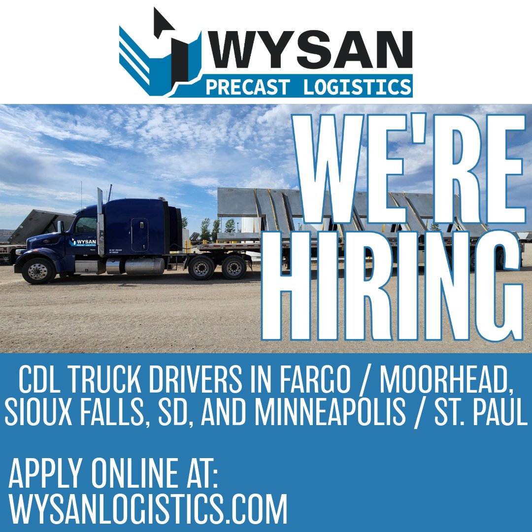 WysanLogistics's tweet photo. Join Our Team!
Our CDL drivers play a crucial role in hauling precast materials to various construction sites. We are hiring in Fargo/Moorhead, Sioux Falls, SD, &amp; Minneapolis/St. Paul. Ready to drive your career forward? Apply today! 🚚
Apply at https://t.co/qBiZqoIEG5 

#CDLJobs https://t.co/uYJr3U5Z2t