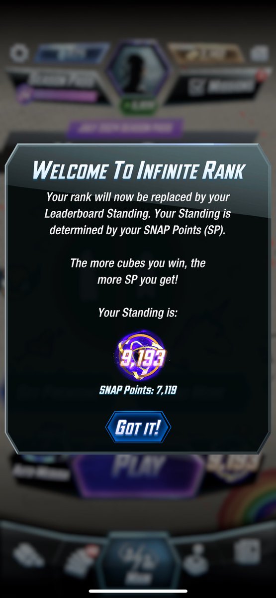 Recently got back into snap and just got infinite for the 1st time! Took awhile to grind from 30 to here but finally hit it.
Honestly was thx to Arishem since I’m missing a lot of newer cards.