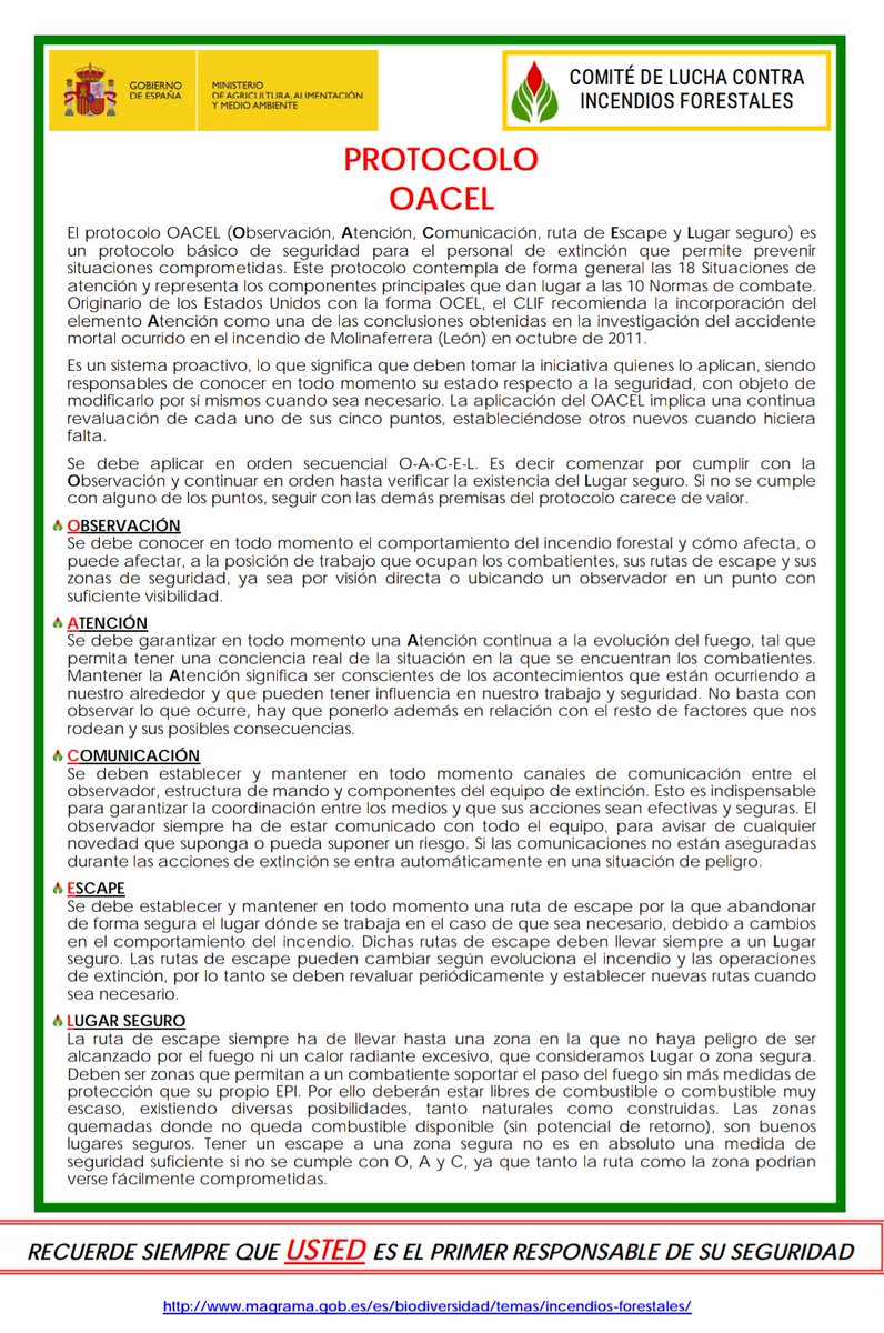 ➡️ ¿Conoces el protocolo #OACEL en la extinción de #IncendiosForestales?
🔹Observación.
🔹Atención.
🔹Comunicación.
🔹Escape.
🔹Lugar seguro.
