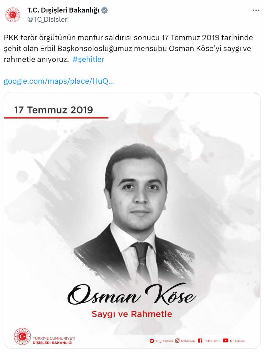 OzonurF's tweet photo. PKK TERROR!

Osman Köse, a member of the Consulate General of Turkiye in Erbil, Iraq, was assassinated by the vile PKK terrorist group on 07/17/2019

Turkish-American Security Foundation (TASFO) condemns the PKK, its Syria structure YPG, and their allies

F. Ozonur/TASFO https://t.co/oGgANQHQCl