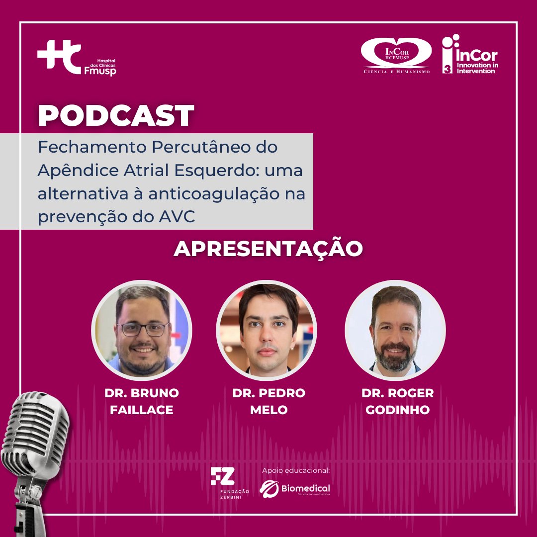 No #PodcastTripleI, os Drs. Bruno F Faillace, Pedro Melo e Roger Godinho discutem uma alternativa à anticoagulação na prevenção do #AVC. Este é um assunto que está ganhando muito espaço na #cardiologiaintervencionista.

🎧Ouça o episódio: open.spotify.com/episode/3K3i4h…