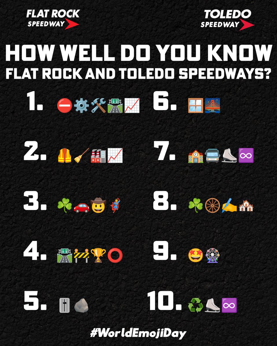 It's #WorldEmojiDay! 🏁🏎️🏆🛞 Can you guess these Flat Rock and Toledo Speedway terms? Put your answers in the comments! 👇