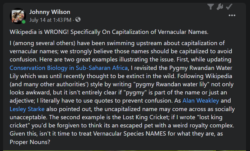 Great convo about Capitalization of Vernacular Names on FB.  You can head over there, or comment here (though my X account is usually pretty sleepy) facebook.com/johnnybirder/p…