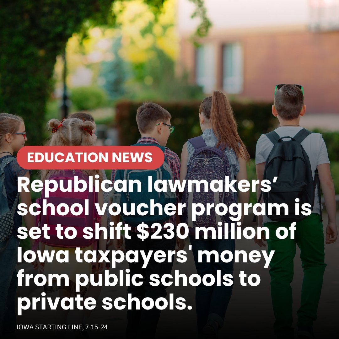Public money belongs in public schools! Governor Kim Reynolds' voucher plan will cost Iowa taxpayers over $230 million in its second year, leaving 485,000 public school kids splitting $147 million next school year set by Republican lawmakers.