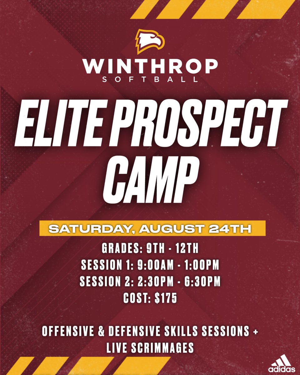 💥Elite Prospect Camp💥

🗓️ Aug. 24th
⏰ 9:00 am-1:00pm (Session 1)
⏰2:30pm-6:30pm (Session 2)

Spots are limited by position for each session‼️ Click the link ⬇️ and register TODAY‼️
🔗bit.ly/kfullersbcamps

❓'s about  camp, email wyattm@winthrop.edu

#WUon2 | #ROCKtheHILL🤘