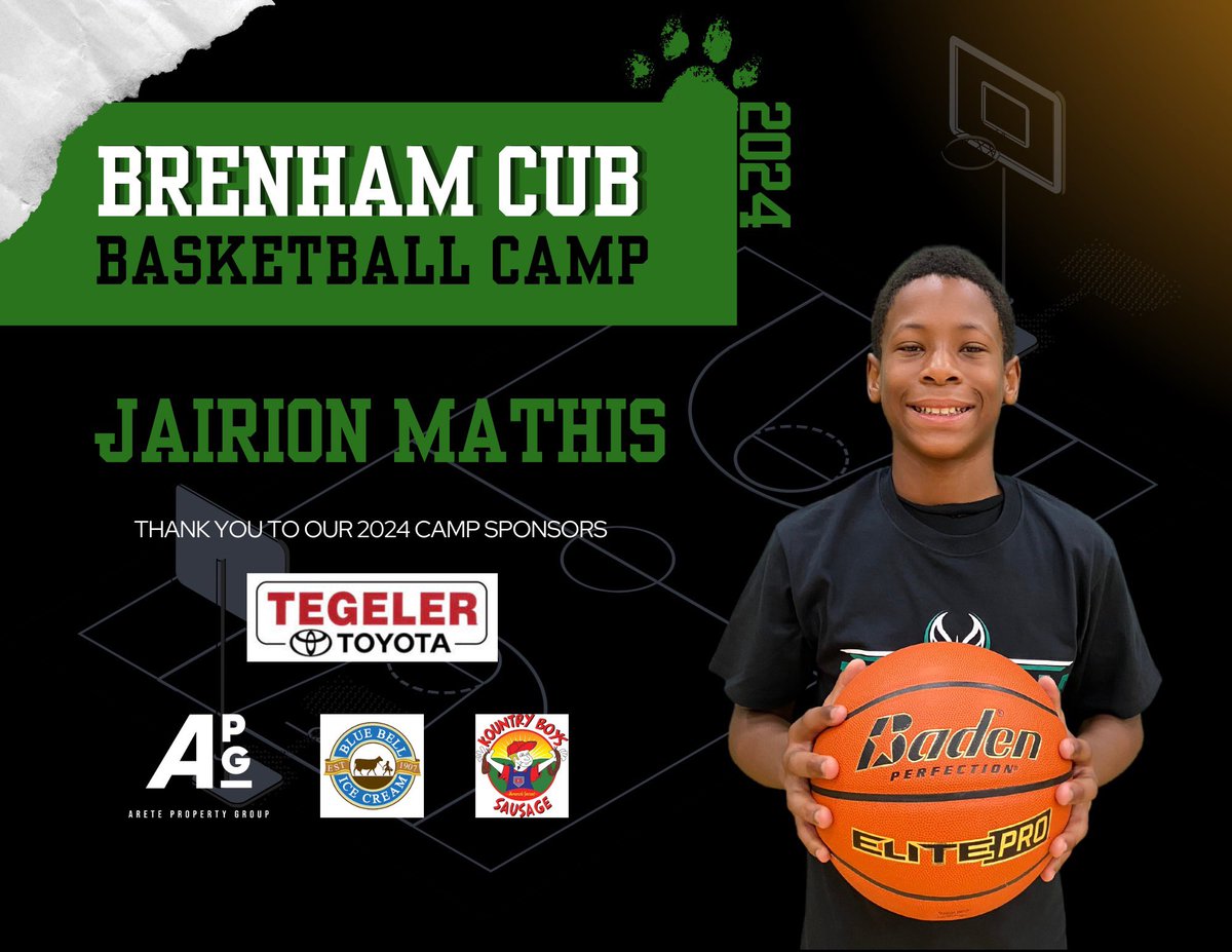 Brenham Cub Basketball (@bhscubhoops) on Twitter photo We want to send a big thank you to our 2024 Camp Sponsors! Every camper received a T-Shirt and a personal picture thanks to <a href="/TegelerToyota/">Tegeler Toyota</a> <a href="/jakecarlile2/">Jake Carlile</a> <a href="/ILoveBlueBell/">Blue Bell Ice Cream</a> <a href="/KountryBoysSaus/">Kountry Boys Sausage</a>
Also a big thank you to the best wife in the world <a href="/itsHerDestinyy/">Destiny Andrews</a> for the amazing photos! We want to send a big thank you to our 2024 Camp Sponsors! Every camper received a T-Shirt and a personal picture thanks to <a href="/TegelerToyota/">Tegeler Toyota</a> <a href="/jakecarlile2/">Jake Carlile</a> <a href="/ILoveBlueBell/">Blue Bell Ice Cream</a> <a href="/KountryBoysSaus/">Kountry Boys Sausage</a>
Also a big thank you to the best wife in the world <a href="/itsHerDestinyy/">Destiny Andrews</a> for the amazing photos!