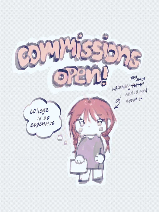 My other styles are now closed but I am opening up chibi commissions to pay for my upcoming tuition and living expenses🙇🏻🙇🏻!

more examples in a thread below 😗 if you are interested you can dm or email me (email is in the link on my profile)!!! 5 slots for now 