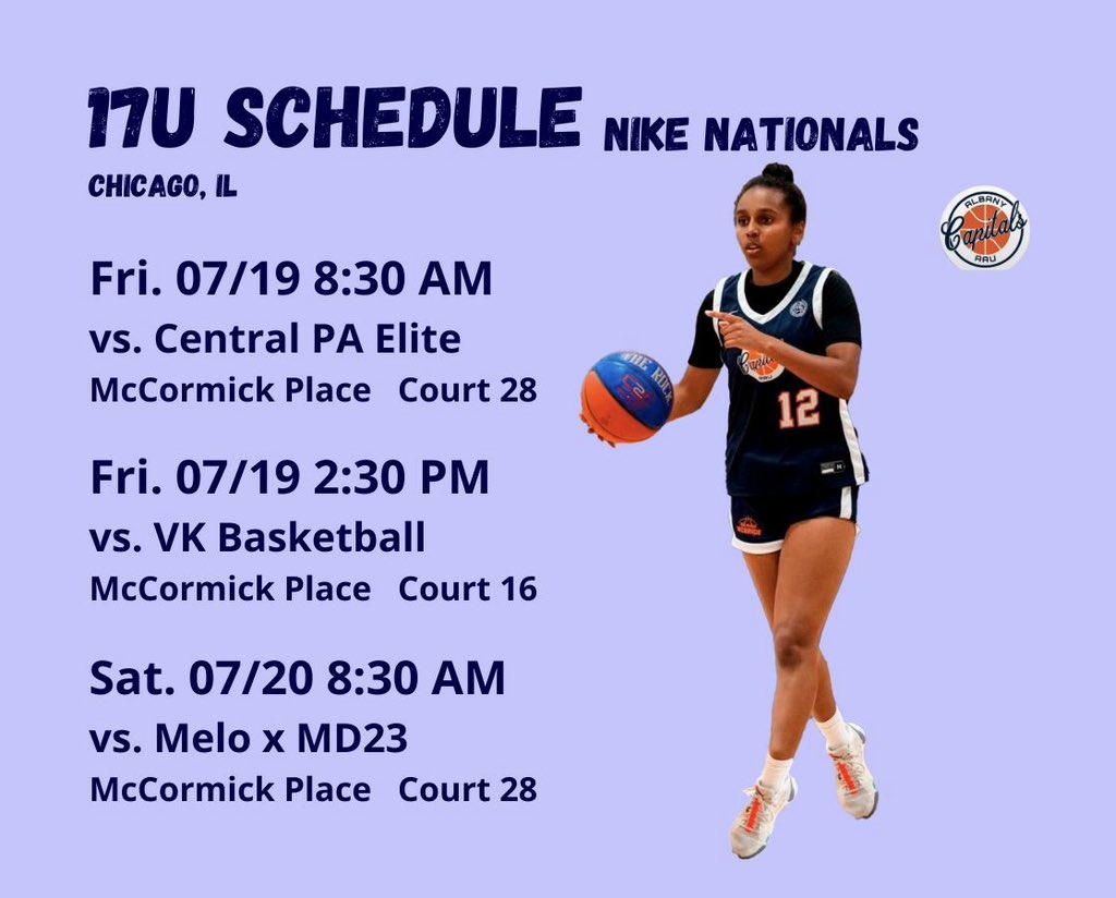 Norah Osu (@norahosuu) on Twitter photo Heading to Chicago for Nike Nationals! Here’s my schedule for pool play and then we head into bracket play. <a href="/albany_capitals/">Albany Capitals/ Team Mcbride</a> Heading to Chicago for Nike Nationals! Here’s my schedule for pool play and then we head into bracket play. <a href="/albany_capitals/">Albany Capitals/ Team Mcbride</a>
