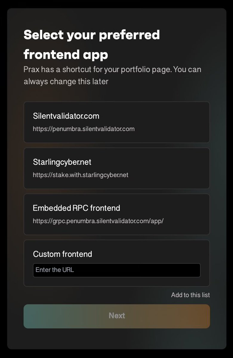 praxwallet's tweet photo. Prax now suggests community-run RPCs and frontends for the proposed Penumbra mainnet, so users no longer need to manually obtain and input RPC URLs — though they can of course choose whatever RPC they want.

Thanks to all the community members that made this possible! https://t.co/T9InyrzfDA
