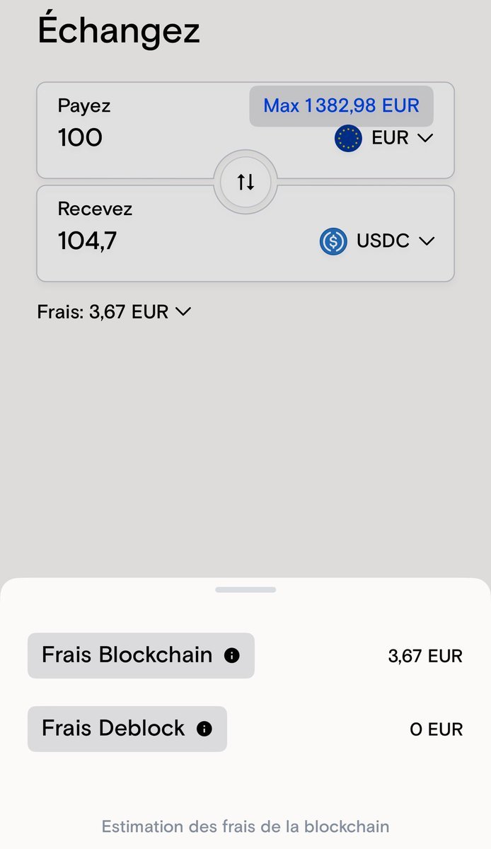 TCryptomonnaies's tweet photo. Acheter vos premières crypto, avec 0 frais

Vous souhaitez acheter du #Bitcoin, de l'ETH ou des stablecoins (peut-être pour la première fois), mais si possible sans y perdre trop de plumes en frais de service ?

Et ce, en toute sécurité ?

Avec @DeblockApp, votre 1er achat de cryptomonnaies dans l'application (avec des € et bientôt des XPF) est GRATUIT

Y compris avec le compte STANDARD (qui lui aussi... ne vous coûte rien)

Autrement dit, rien que pour acheter des actifs crypto en "one shot", il est intéressant d'ouvrir un compte Deblock gratuit ! 
Le plus souvent, les intermédiaires vous ponctionnent entre 5 et 12% de frais sur votre achat de crypto avec de la monnaie fiat

Ne resteront à votre charge que les "frais de réseaux blockchain" qui ne reviennent pas à Deblock, mais aux mineurs/validateurs qui font fonctionner le réseau

Ces frais peuvent cependant être minorés en choisissant le bon moment, celui où le réseau est moins sollicité pour faire votre transaction

Par ailleurs les frais sont identiques quel que soit la somme que vous convertissez

Dans l'exemple ci-dessous, pour convertir 100€ en $USDC les frais blockchain sont de 3.67€ et ce montant serait identique si je souhaitais convertir 1000 ou 100 000€

Leçon à retenir : d'une manière générale sur un réseau blockchain, mieux vaut faire 1 grosse transaction de 1000€ que 10 petites de 100€

Ah et cerise offerte sur le gâteau gratos : en utilisant votre compte, vous accumulez des Blocks, passerez de niveaux et profiterez d'un airdrop monétaire à la fin de la saison 1 !

A noter pour finir que si vous utilisez le compte Deblock PREMIUM, vous profiterez d'un achat mensuel de crypto, sans aucun frais

Quand à l'insolente aristocratie qui dispose d'un des rares NFT Deblock et du plan NATIVE associé, c'est bien simple : TOUS les achats de crypto en monnaie fiat sont gratuits pour ces bienheureux... définitivement !