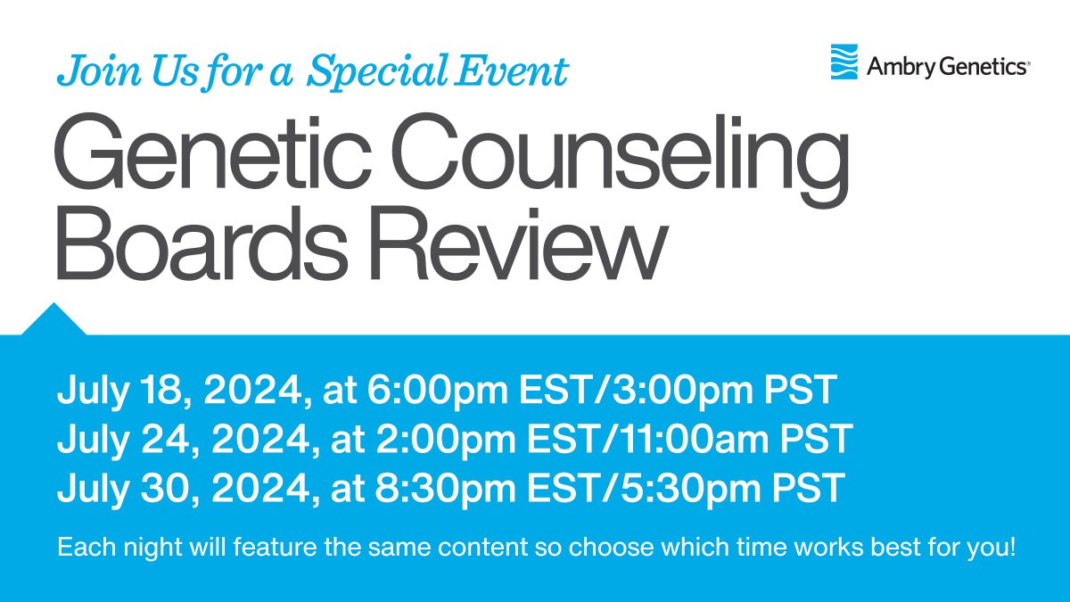 AmbryGenetics's tweet photo. Are you a recent Genetic Counseling grad? Are you registered for tomorrow's Genetic Counseling Boards Review?
https://t.co/nLg3tRcmNW All sessions feature the same content, so there are two more chances if you can't make it!
#genechat #geneticcounseling #boardsreview https://t.co/Bc6Sv5OIuL