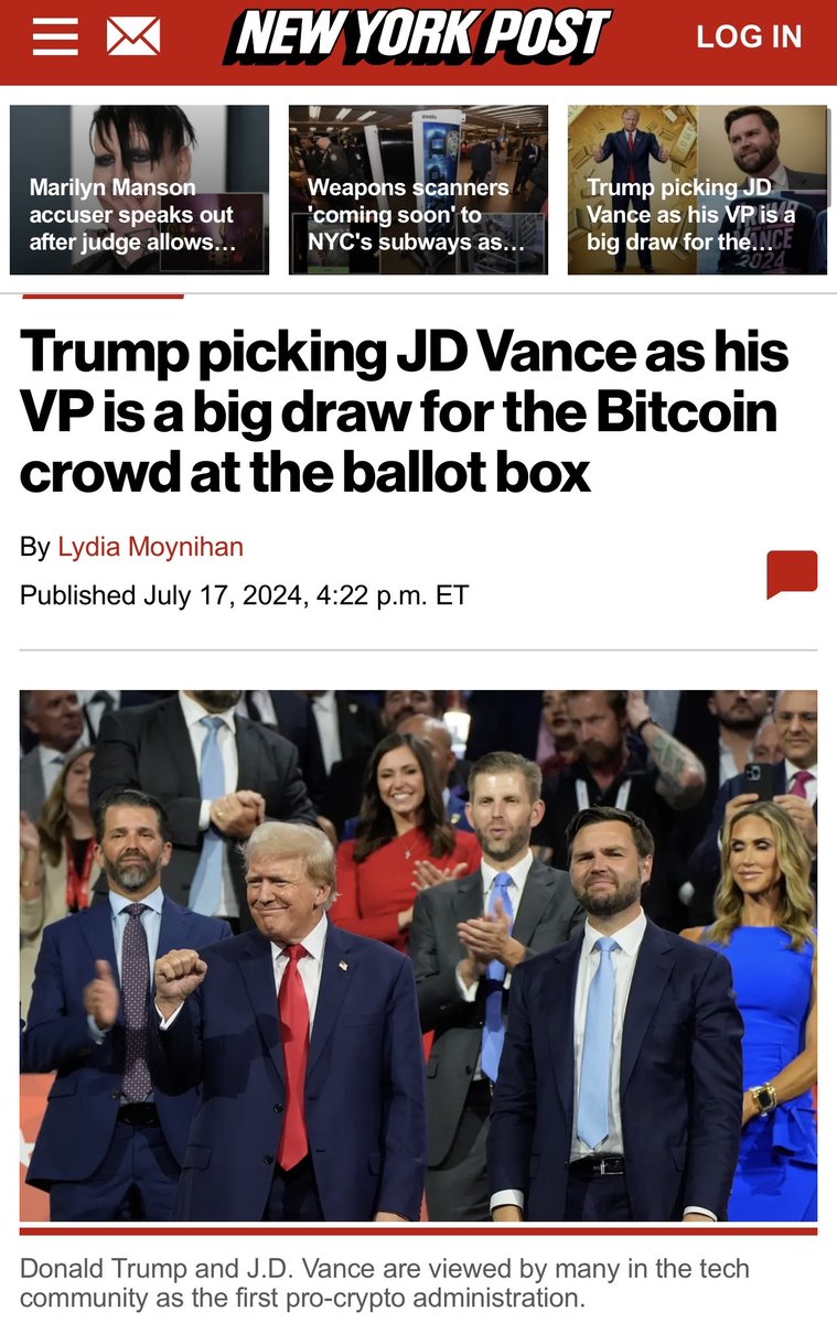 BitcoinMagazine's tweet photo. JUST IN: New York Post says "Trump picking JD Vance as his VP is a big draw for the Bitcoin crowd at the ballot box"

The first #Bitcoin election 🇺🇸 https://t.co/C6bYp18ax1