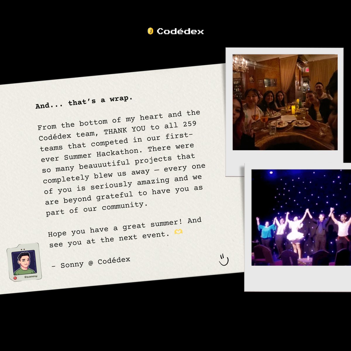 codedex_io's tweet image. you all did it! all 259 teams.
congrats on completing #CodedexHackathon.
see you @ the next one. 🚀