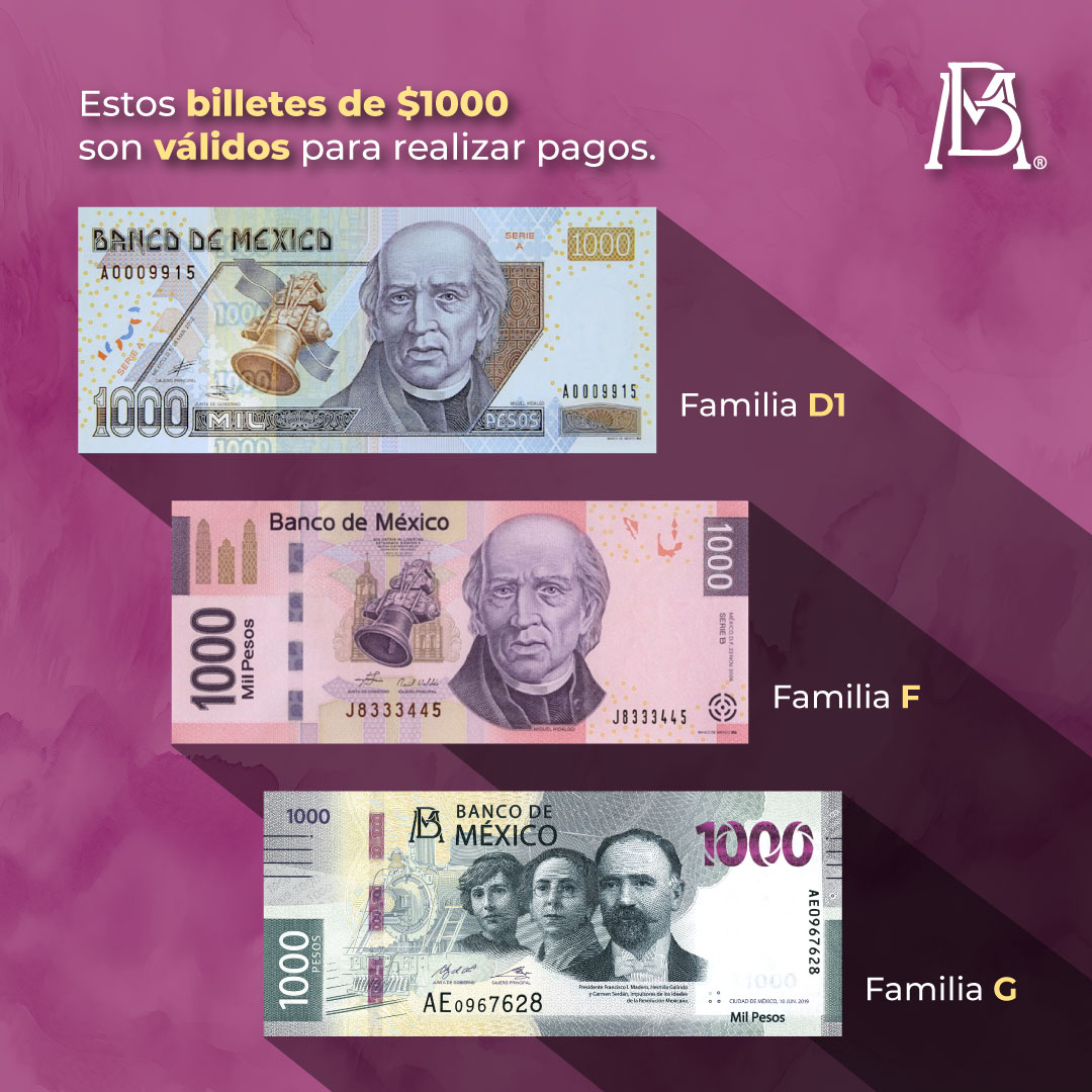 EmisionBanxico's tweet photo. Estos son los #BilletesDe1000 pesos que continúan siendo válidos para realizar pagos. Si tienes dudas, escribe a dinero@banxico.org.mx o llama al 800 BANXICO (800 226 9426) en días hábiles bancarios, de 9:00 a 19:00 horas. https://t.co/R3hVwlJVYf

#BancodeMéxico https://t.co/eeEWtjxSla