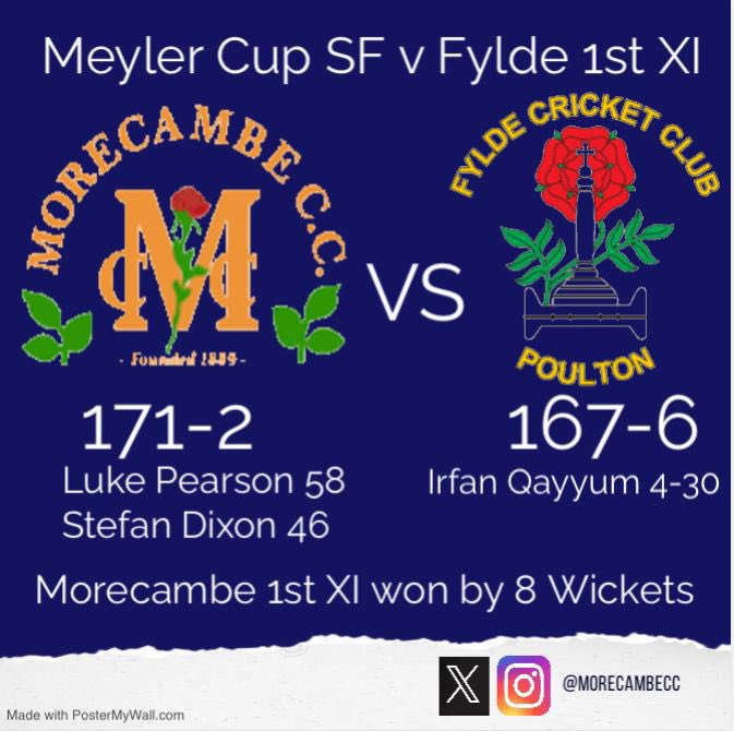 Sunday saw the first team progress to the final of the Meyler Cup with a fantastic win over Fylde CC. Bowling first Irfan Qayyum picked up the first 4 wkts. Chasing 170 skipper Luke Pearson led from the front alongside Stef Dixon to get home by 8 wickets with 6 overs remaining