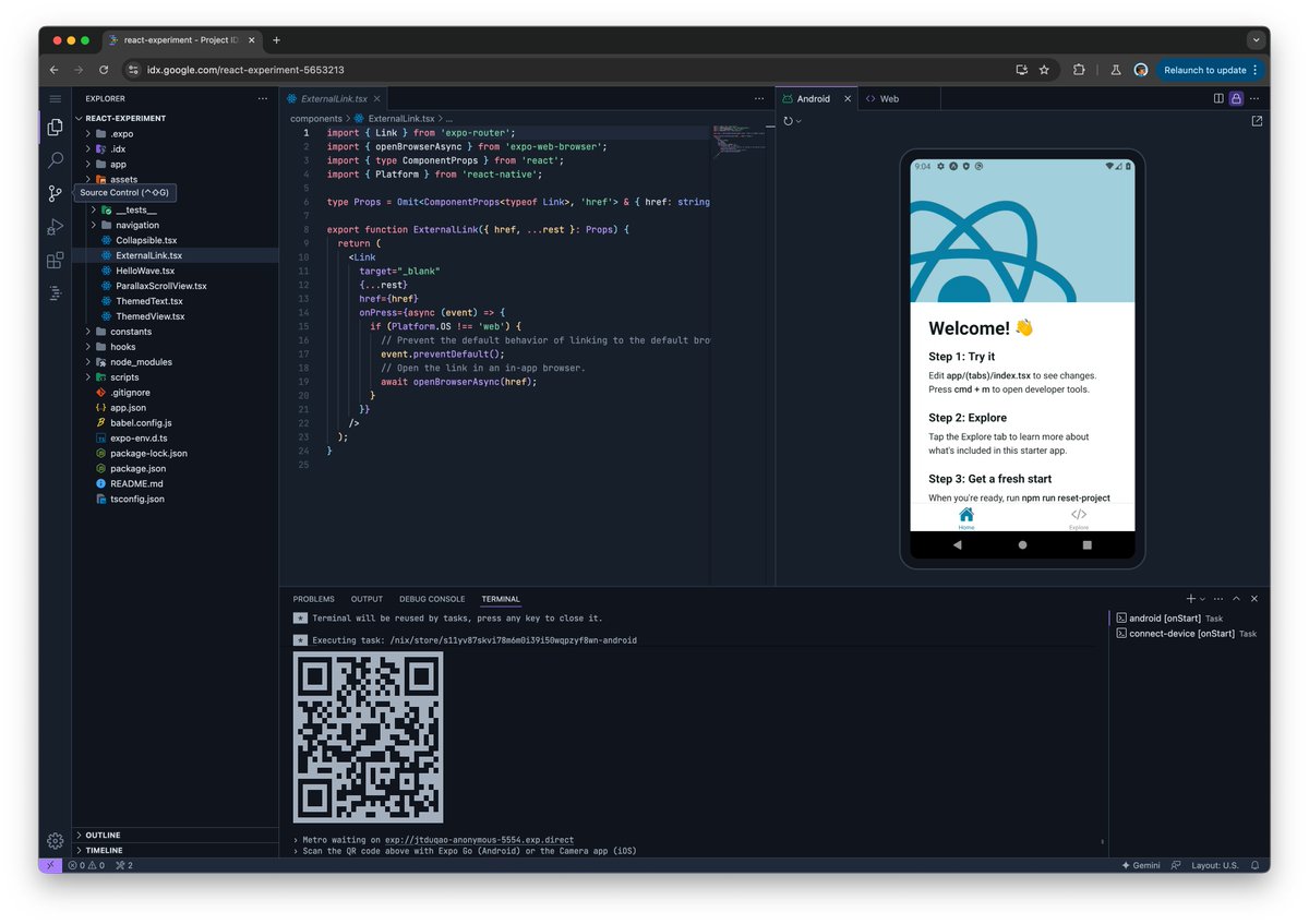 kirupa's tweet image. Closing out one of our our top-requested features, #ProjectIDX now supports #reactnative! 🔥

With just a few clicks, you can be up and running fully inside your browser! We also integrate with @expo, so you can test on a real device! 📱

🎯 Try it out: idx.google.com/new/react-nati…