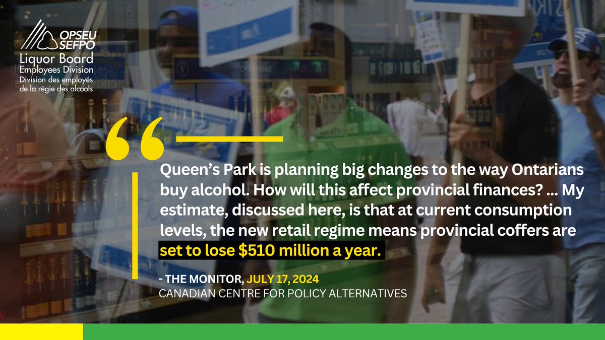 OPSEU's tweet photo. New analysis by @CCPA suggests @fordnation's alcohol-everywhere plan could cost the province $510 million a year. Ontarians have the right to know how much this expansion will cost them - especially if it involves huge cuts to our health care &amp; education.

https://t.co/r7BnQpnkDH https://t.co/KHeu3RzigR