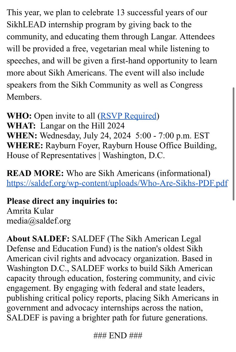 SALDEF's tweet photo. [MEDIA ADVISORY]

SALDEF HOSTS LANGAR ON THE HILL 2024 ‼️

WHO: #SALDEF, #SIKHLEAD, US Elected Officials
WHAT: Langar on the Hill 2024 #LOTH2024
WHEN: July 24 at 5PM EST
WHERE: Rayburn Foyer, Washington D.C.
RSVP: https://t.co/QXATNbiudm

This event is open to the public w/ RSVP. https://t.co/S4kvoSx4Zu