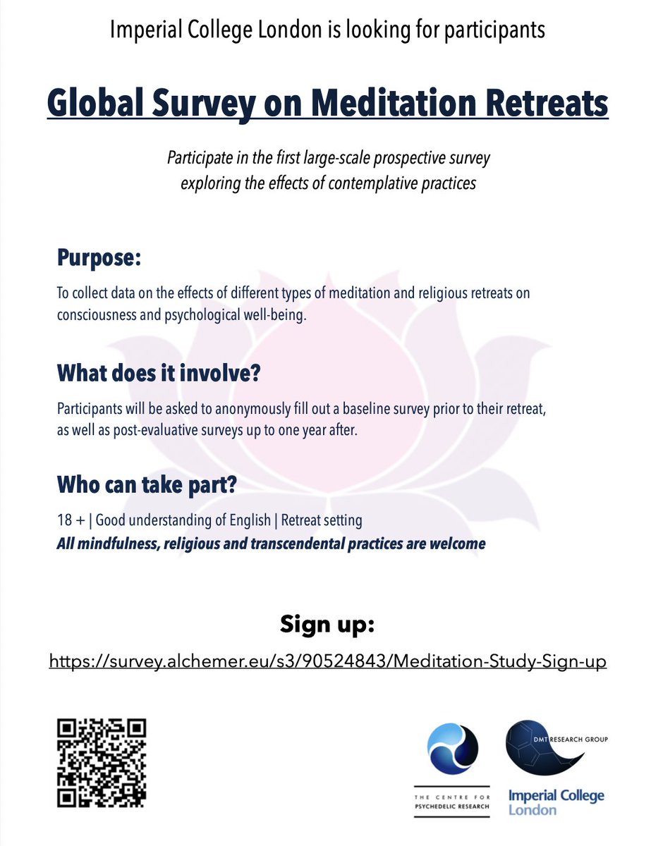 Help us get numbers up for our MEDITATION SURVEY.

If you plan to go to a retreat, please sign up for our prospective survey and help us understand the benefits, risks and overall nature of meditation experiences.

sign up here 👇👇👇
 survey.alchemer.eu/s3/90524843/Me…