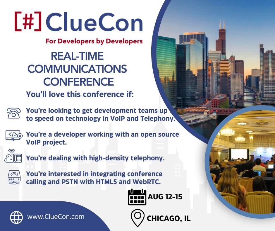 You’ll love Cluecon Developers Conference…
⚙️Get dev teams up to speed on VoIP &amp; Telephony
☎️A developer working on an open-source VoIP project.
📲Managing high-density telephony.
🛠️Integrating conference calling &amp; PSTN with HTML5 &amp; WebRTC

ClueCon.com/register
#ClueCon2024