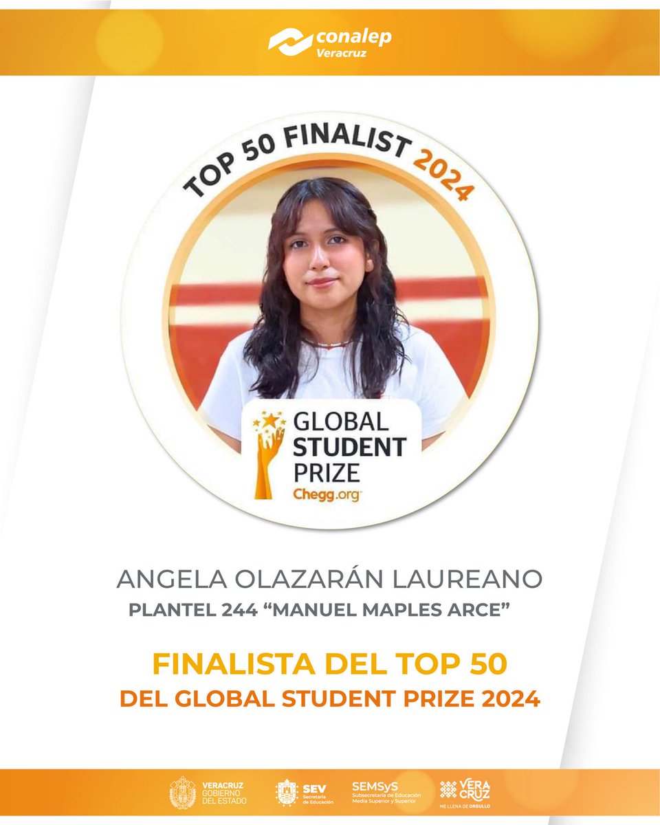 ConalepVeracruz's tweet photo. En CONALEP Veracruz estamos emocionados de anunciar que nuestra  alumna Ángela Olazarán, ha sido seleccionada como finalista del TOP 50 del Chegg Varkey Foundation en el concurso Global Student Prize 2024. 🎉

#ConalepMeLlenaDeOrgullo https://t.co/6mQjLqWjeo
