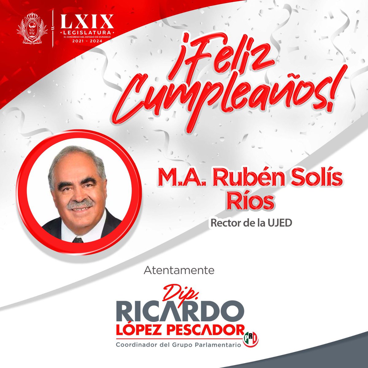 Estimado Rector @CPRubenSolis, le mando un fuerte abrazo por motivo de su cumpleaños. 🎉

¡Qué pase un excelente día! 🥳