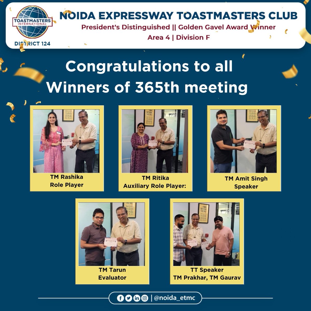 NoidaETMC's tweet photo. 🎉 Celebrating the Winners of NETC’s 365th Meeting! 🏆

🏅 Role Player: TM Rashika  
🏅 Auxiliary Role Player: TM Ritika  
🏅 Best Speaker: TM Amit Singh  
🏅 Best Evaluator: TM Tarun  
🏅 Best Table Topics Speakers: TM Prakhar, TM Gaurav  

#NETC #Toastmasters #Winners https://t.co/HMlXRJj8kU